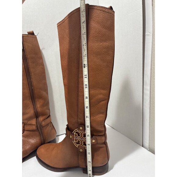 Tory Burch Brown Leather Tall Riding Women’s Boots Shoes Size 7 logo accent - Picture 4 of 12